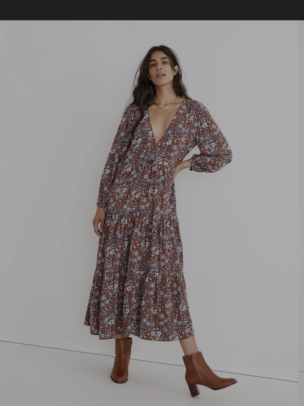 Madewell Brown Floral Maxi Dress with Blue Accent